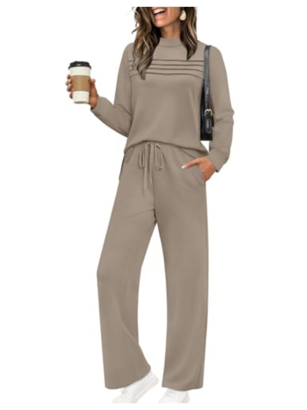 Two Piece Lounge Set Long Sleeve Side Slit Wide Leg Crop Pants Travel